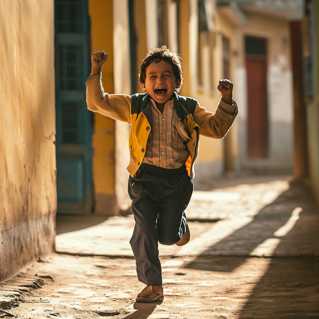 Child running out of school punching the air with joy