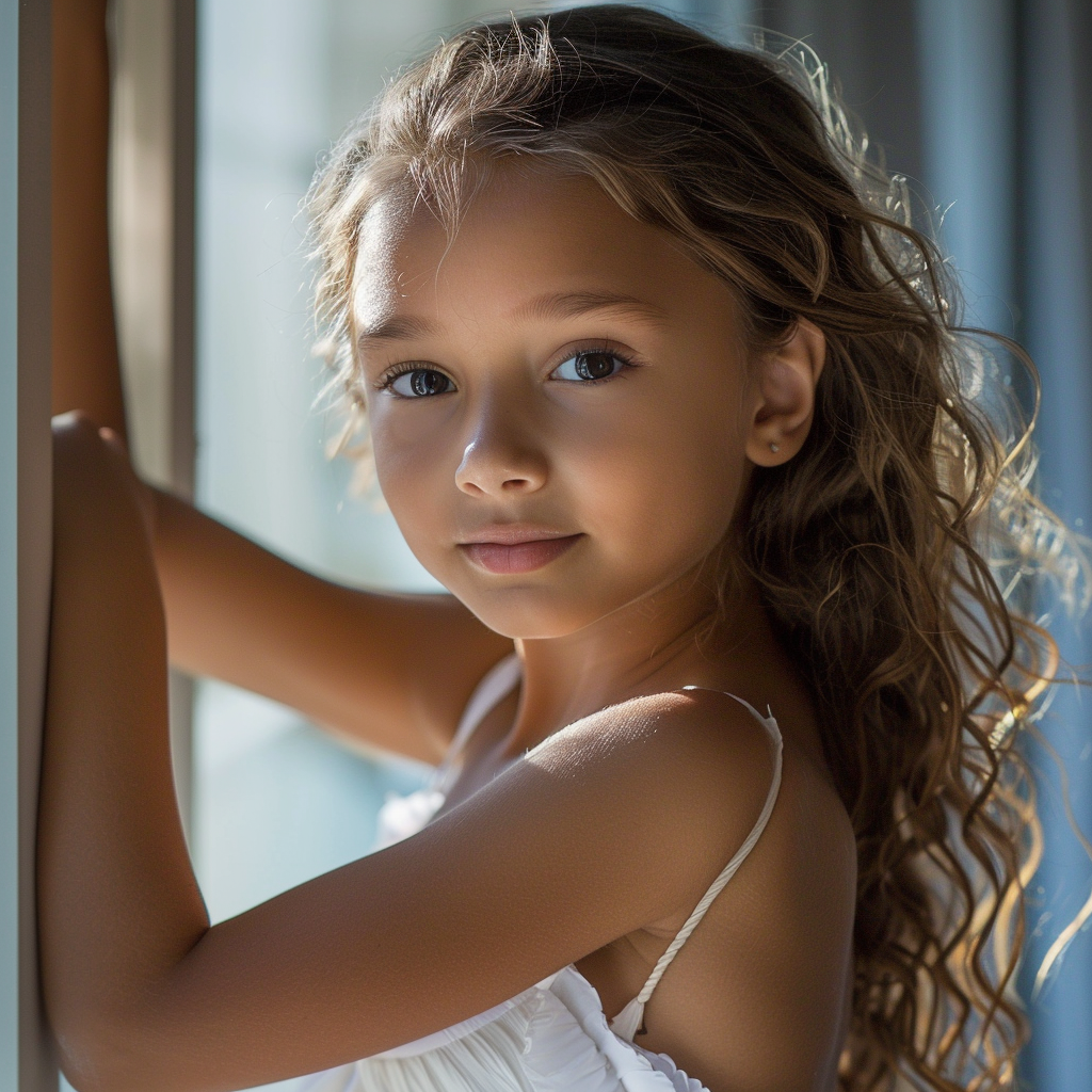 Children dance poses by window