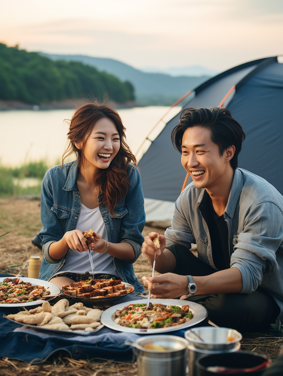 Happy young Chinese couple camping