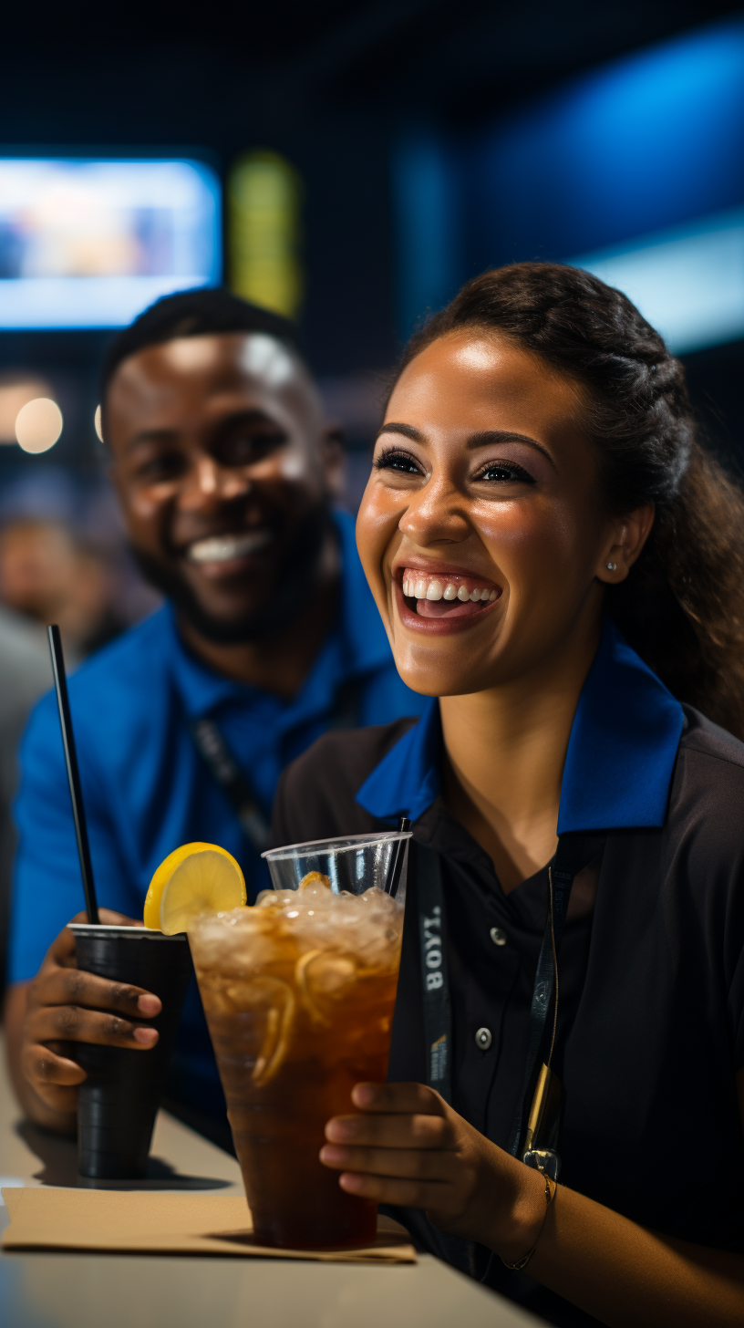 Smiling concessions worker serving cocktail to customer