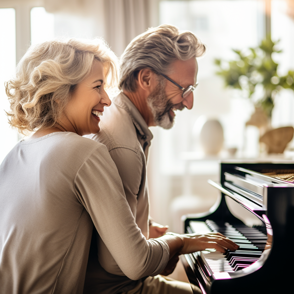 Joyful couple playing piano with music sheets