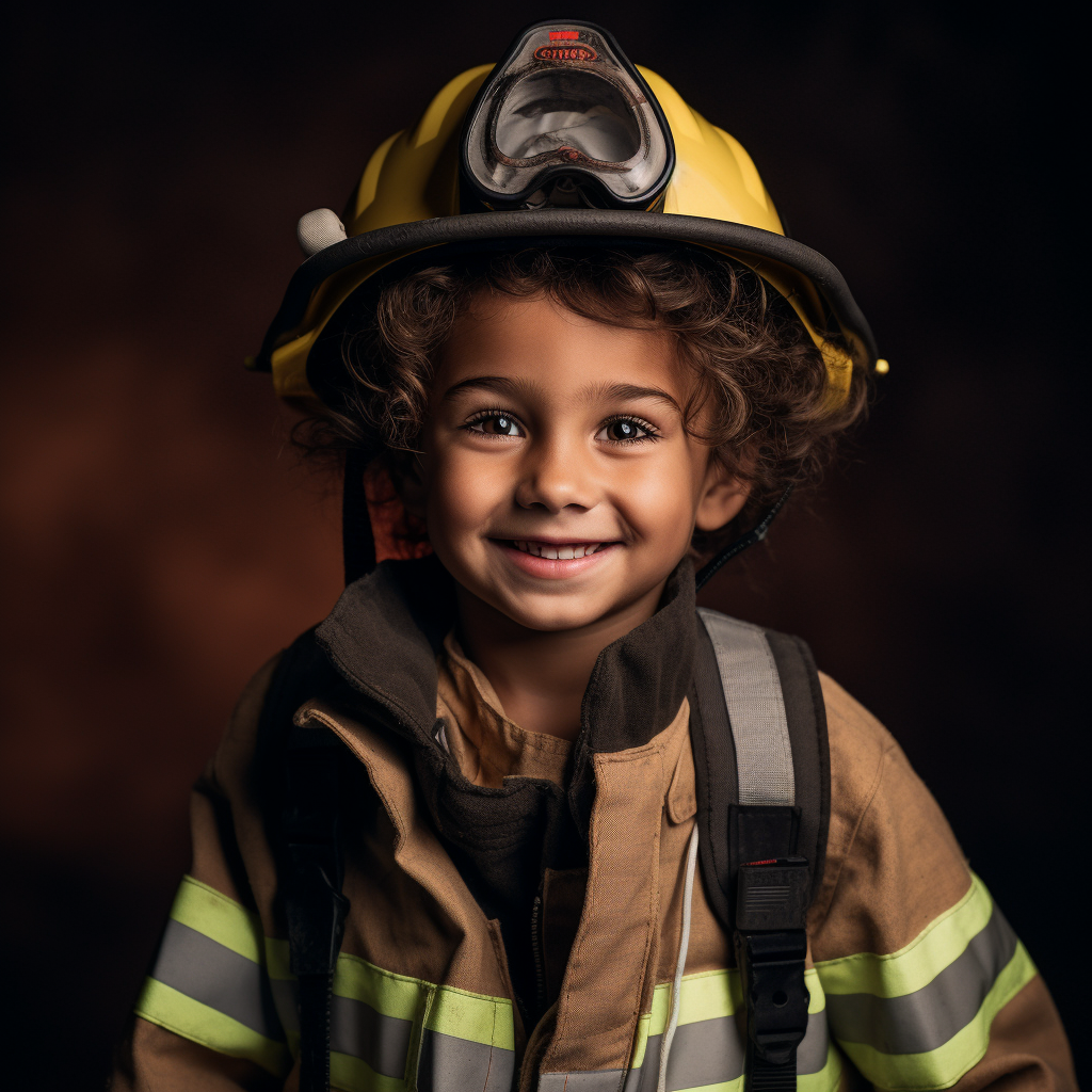 Happy child in firefighter outfit