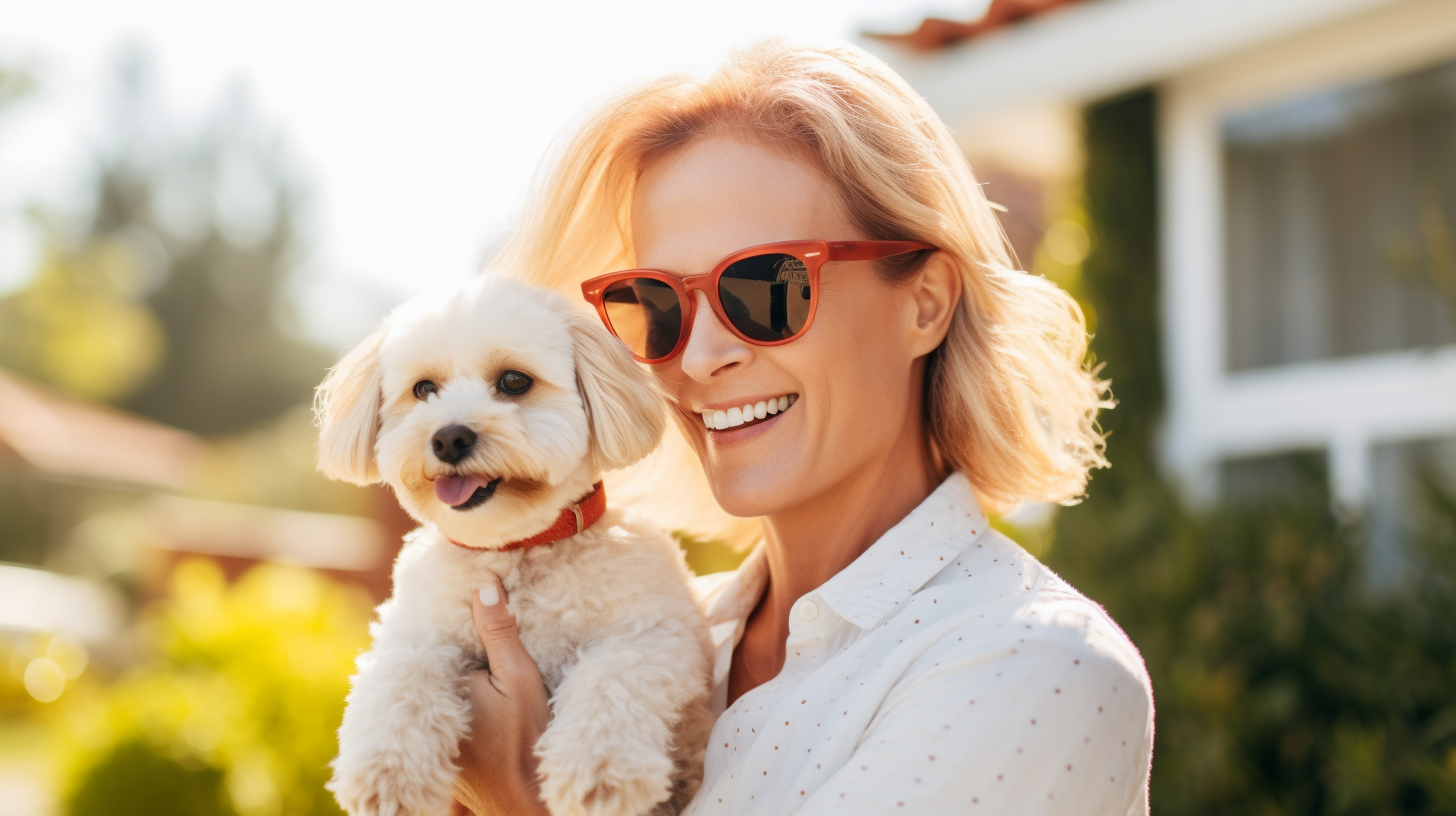 Happy Danish Woman with Miniature Poodle outside