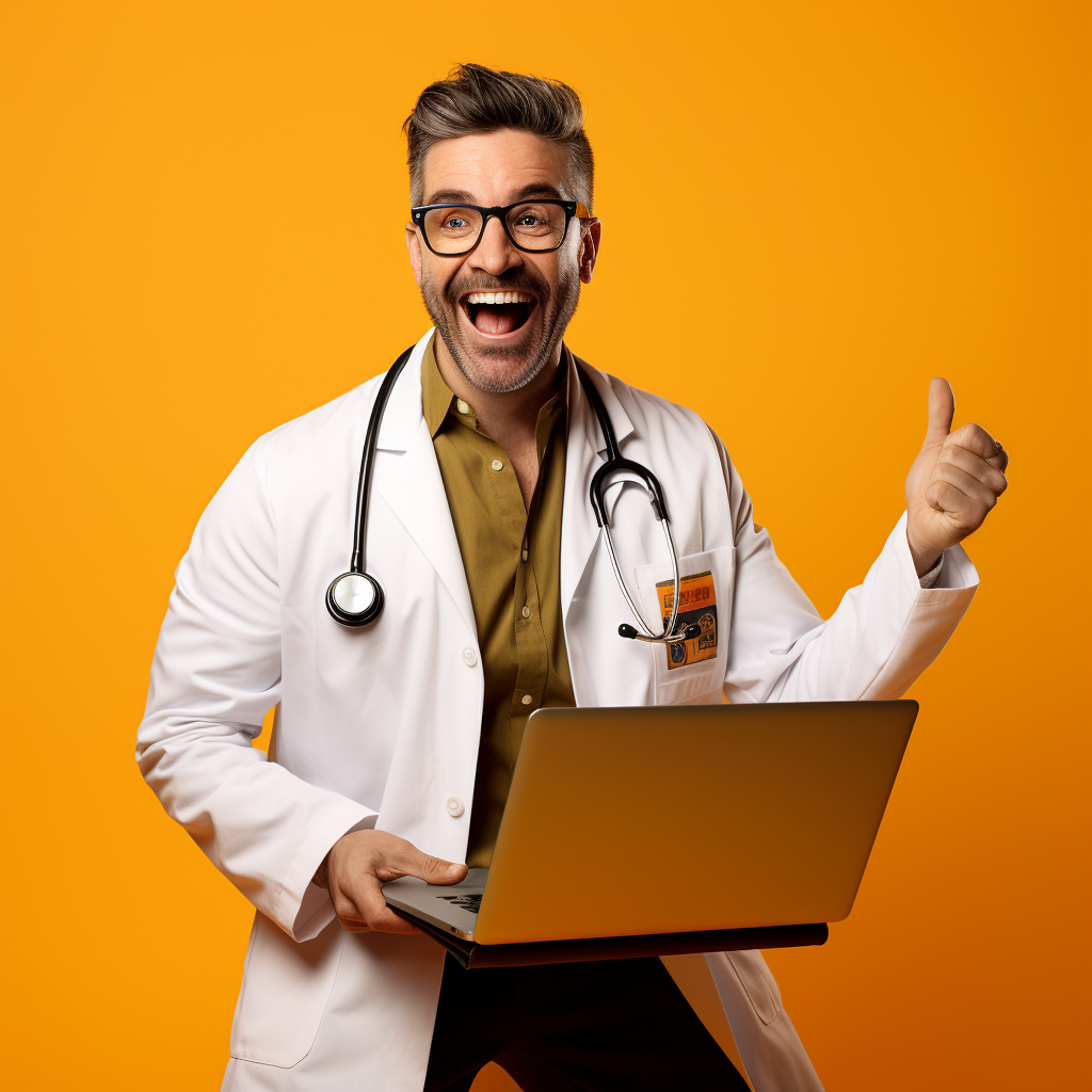 Smiling doctor holding a MacBook