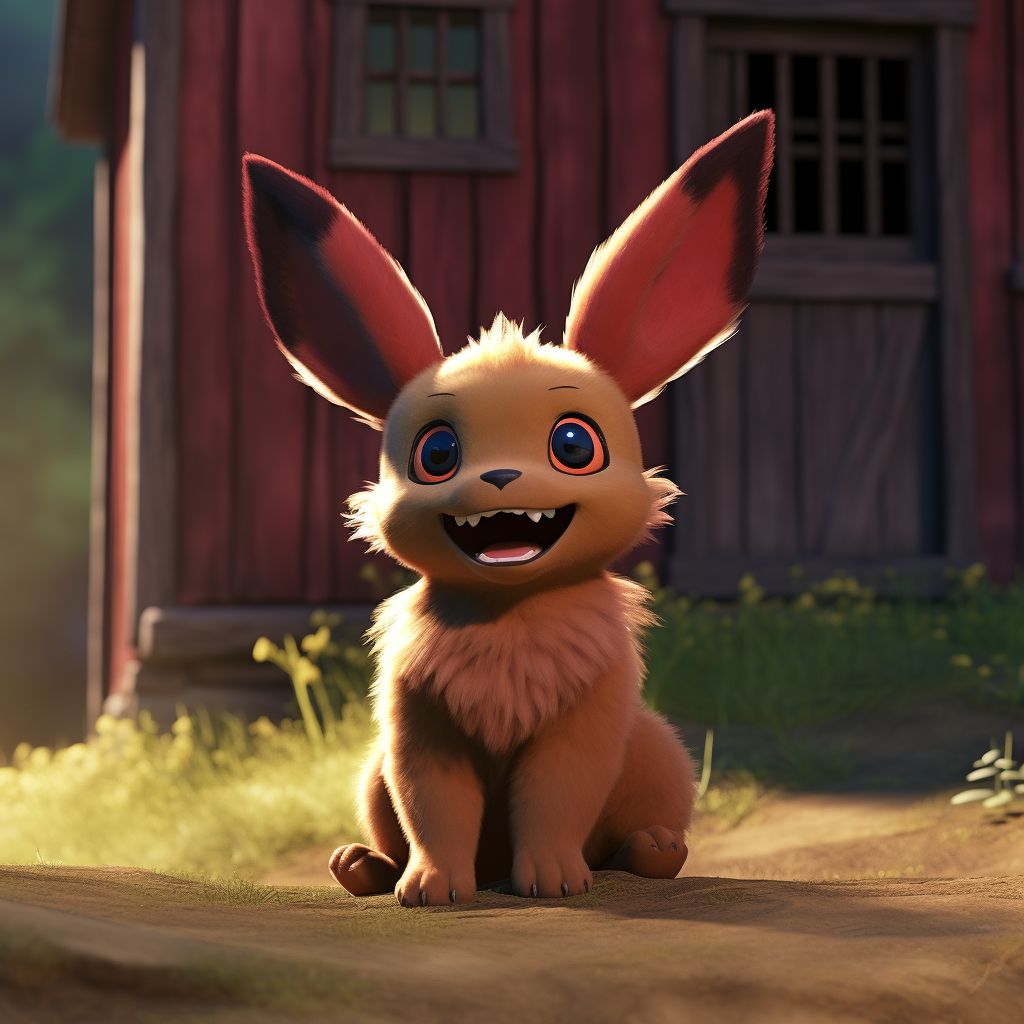 Smiling Eevee in front of a red cabin