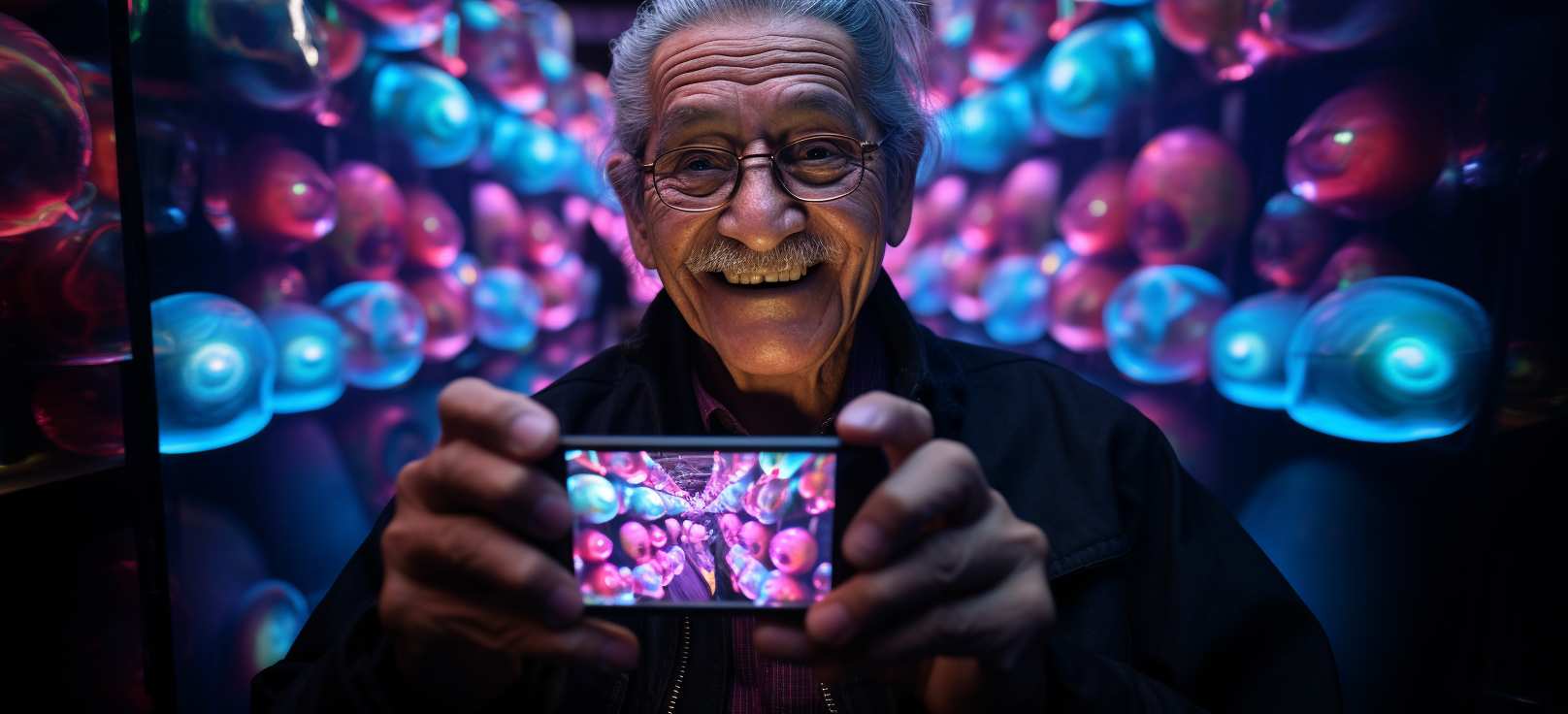 Smiling elderly man with an iPhone