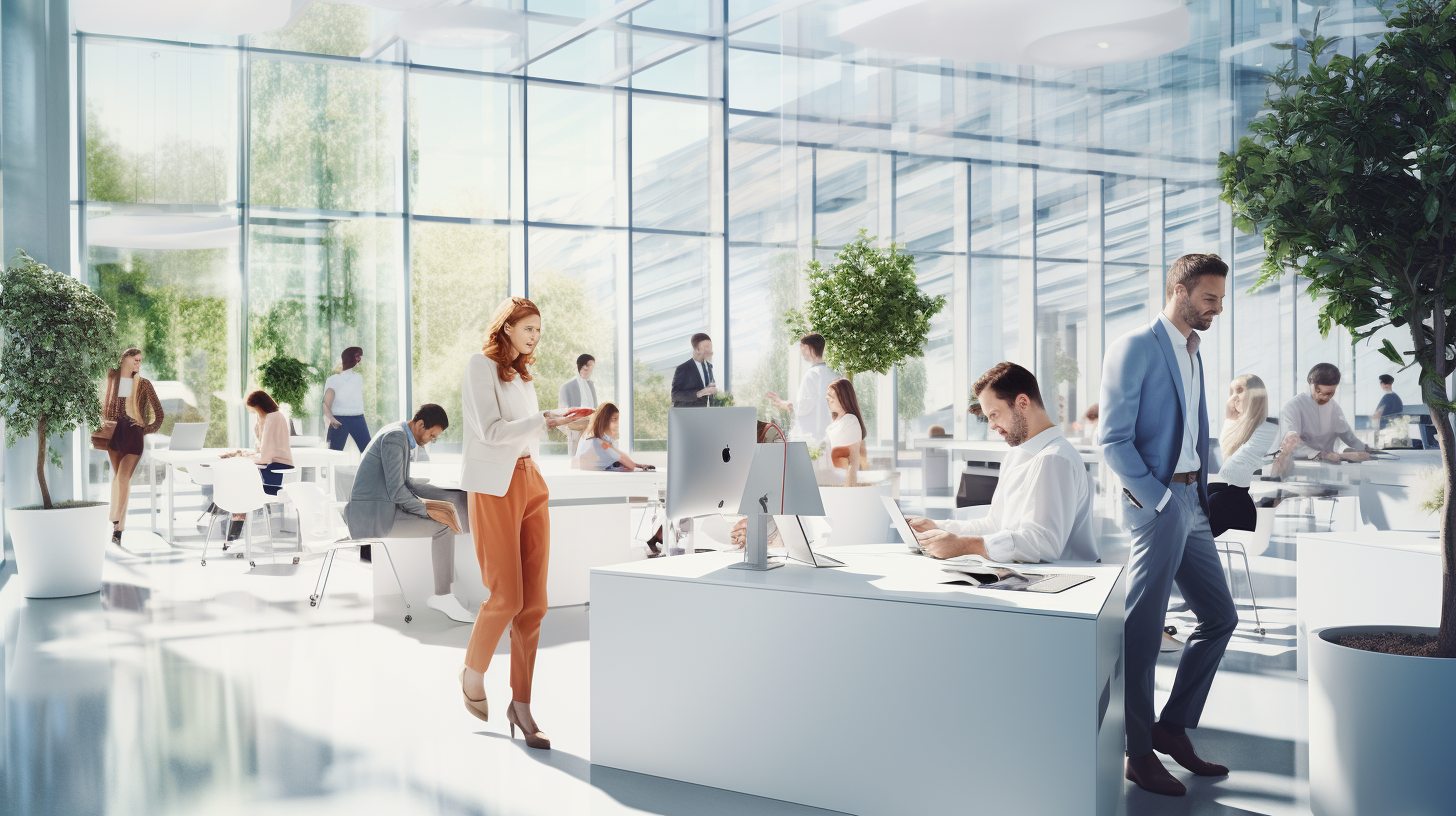 Happy employees collaborating in bright white office