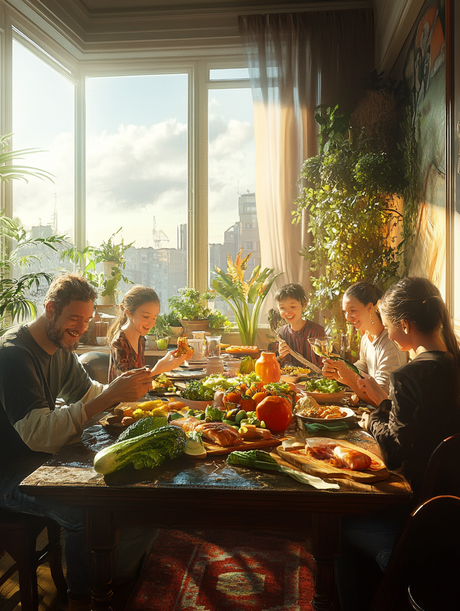 Family enjoying vegetable meal together