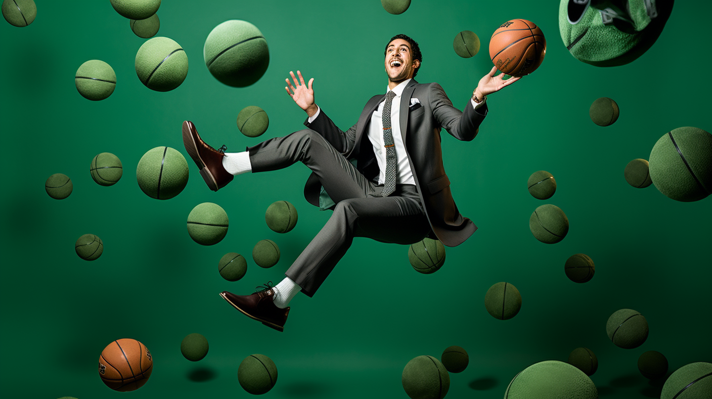 Latin father with paper basketball ball on green background