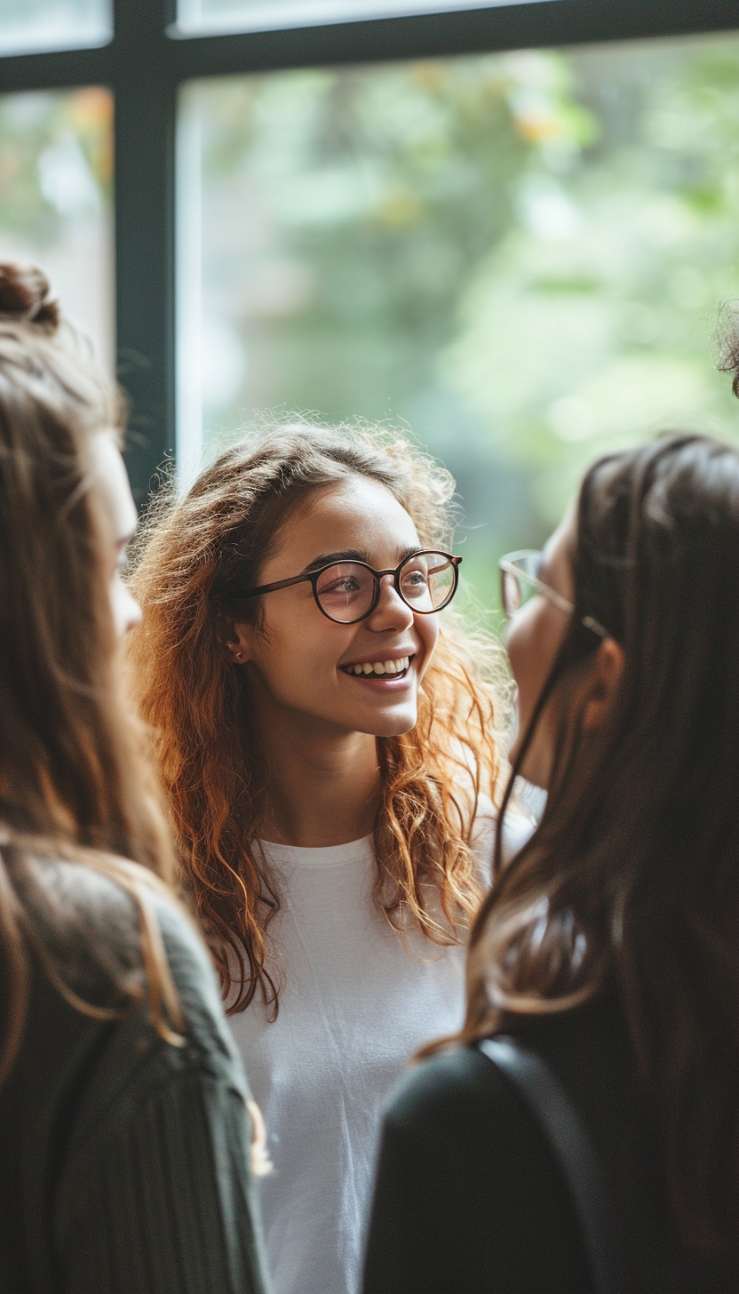 Happy female student colleagues communicating