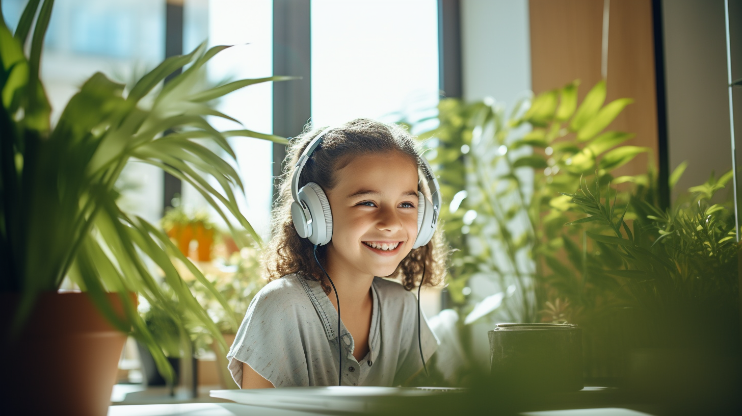 Smiling girl talking to AI virtual teacher