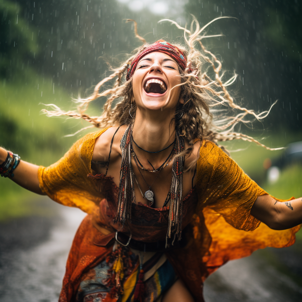 Happy hippie woman dancing in rain