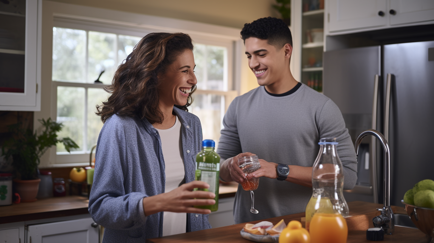 Hispanic mom serving juice to her son