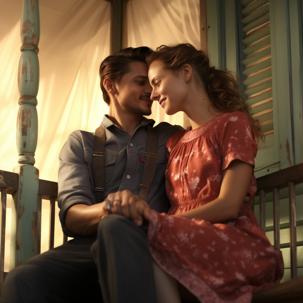 Smiling lesbian couple enjoying time on porch bench