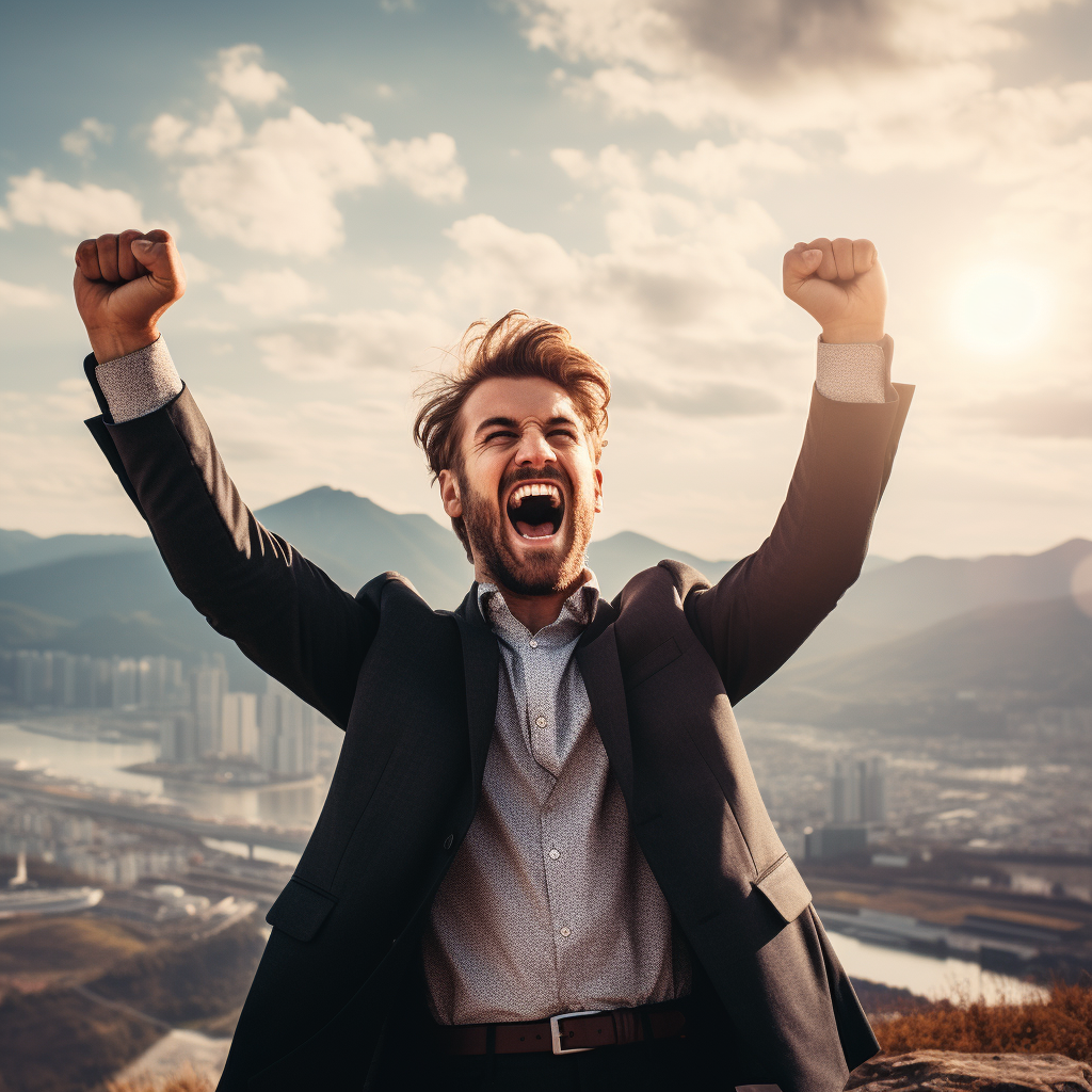 Happy man overcoming business challenge