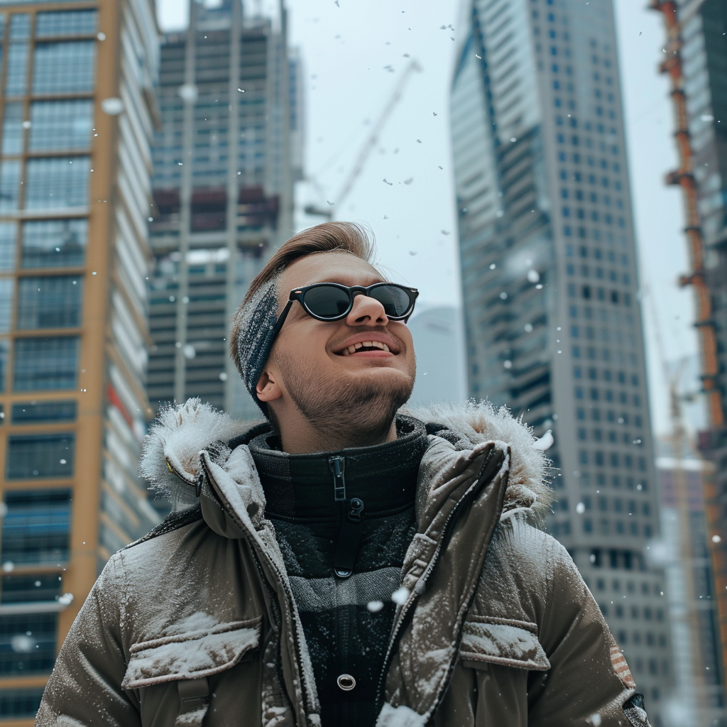 Happy man in snow skyscrapers