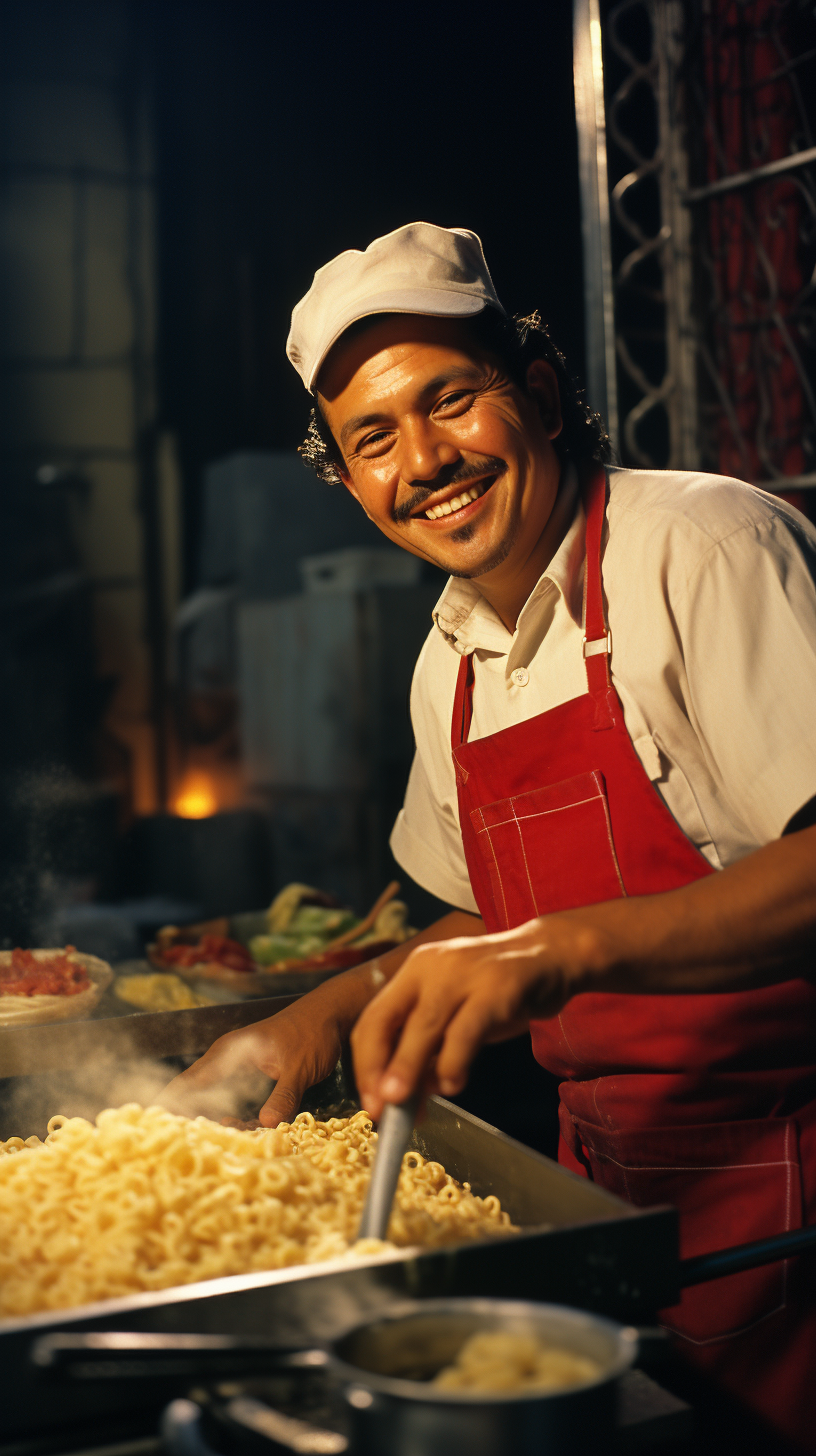 Happy Mexican football cooking pasta at a movie set