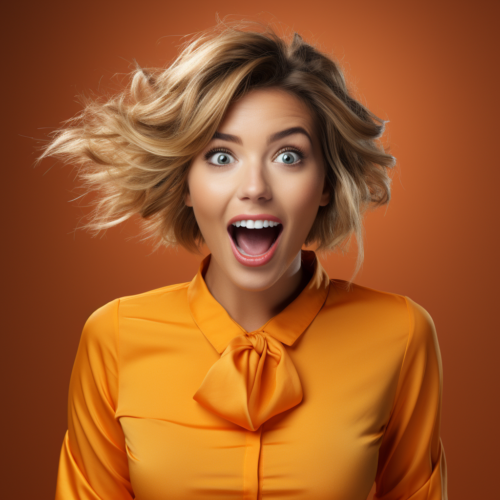 Happy woman in orange blouse with promotion