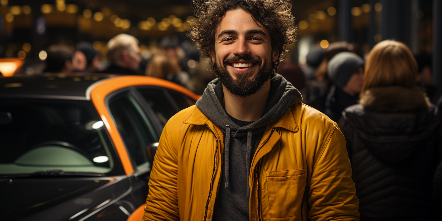 Happy salesman with yellow car at exhibition