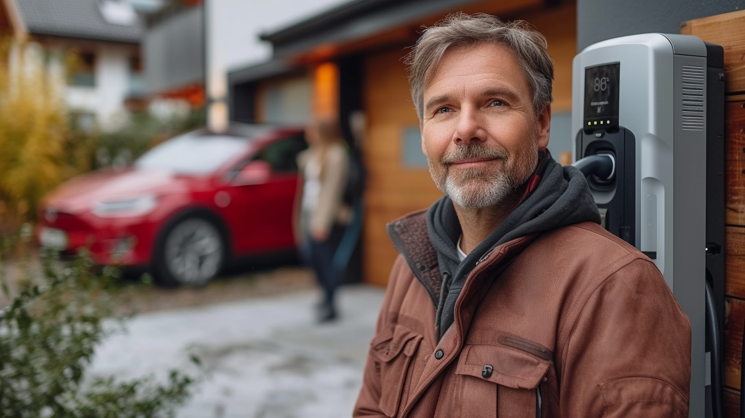 Happy smiling man plugging in cable in front of garage