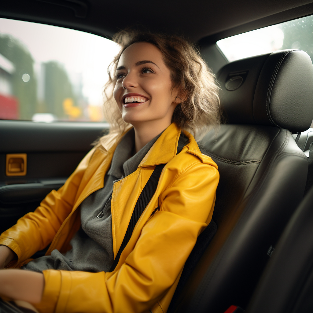 Smiling European woman passenger in a taxi