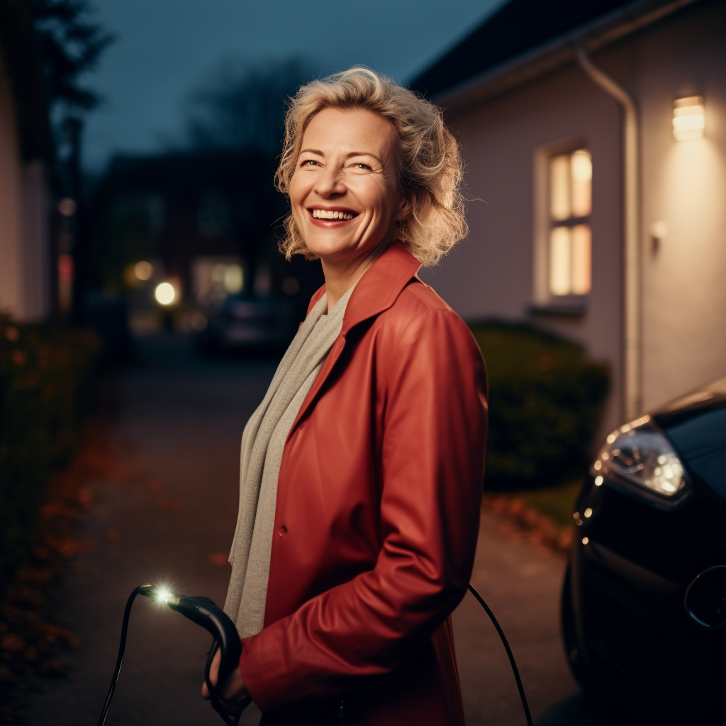 Smiling woman plugging in electric wallbox