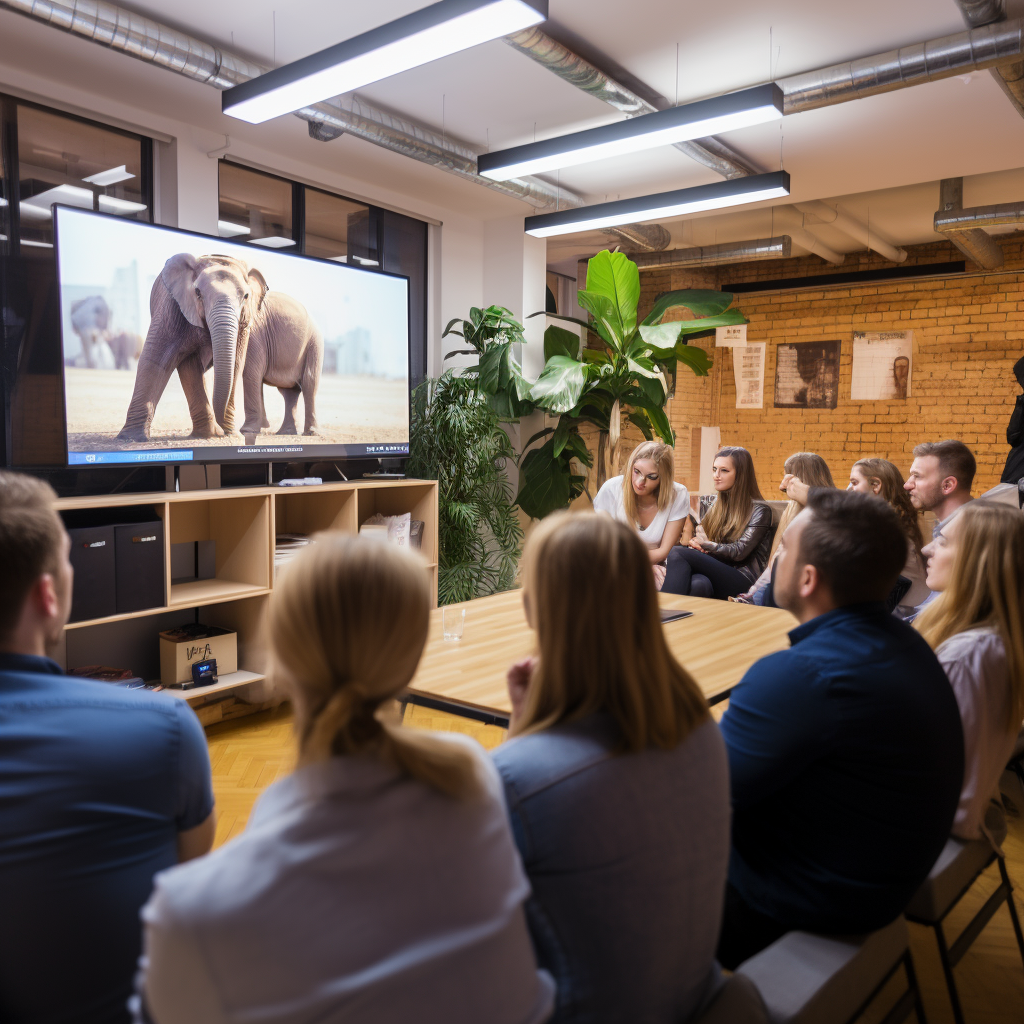 Happy team watching video in bright office