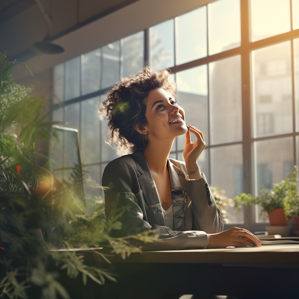 Smiling woman in a vibrant meeting room