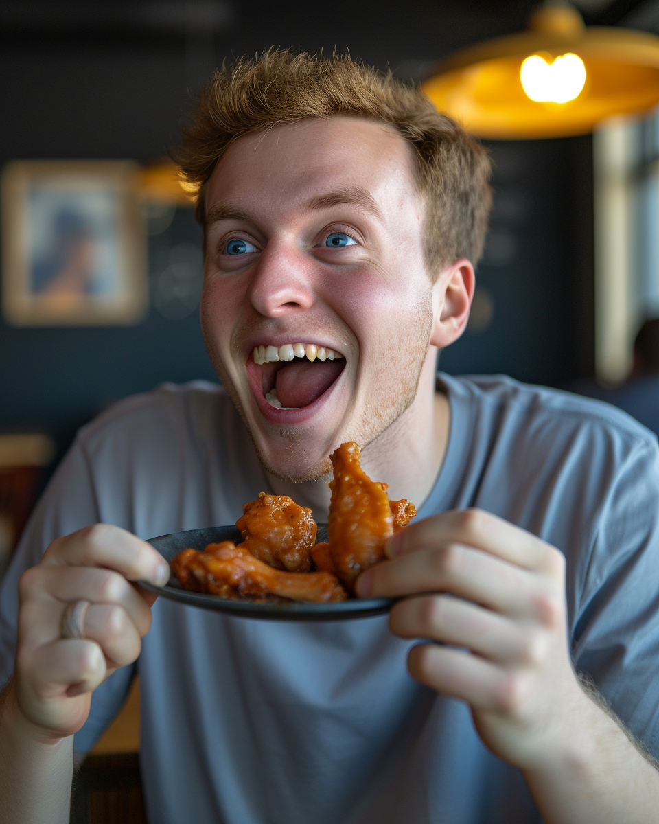 White man eating chicken wings