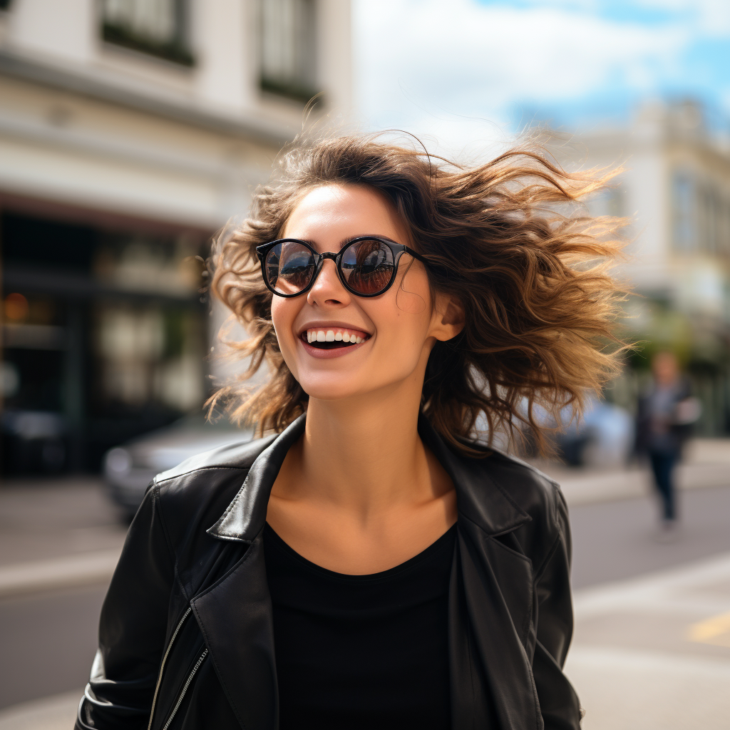 Woman walking in city with excitement