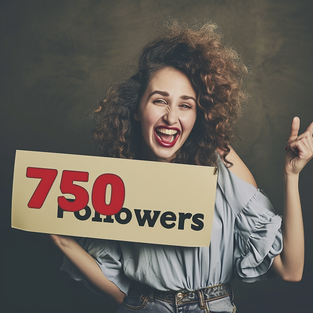 Smiling woman with '750 Followers' sign