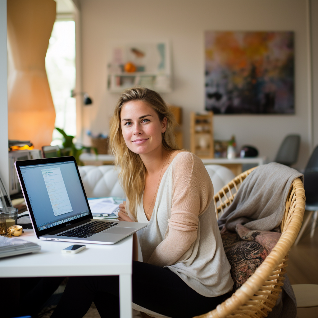 Happy woman in vibrant home office