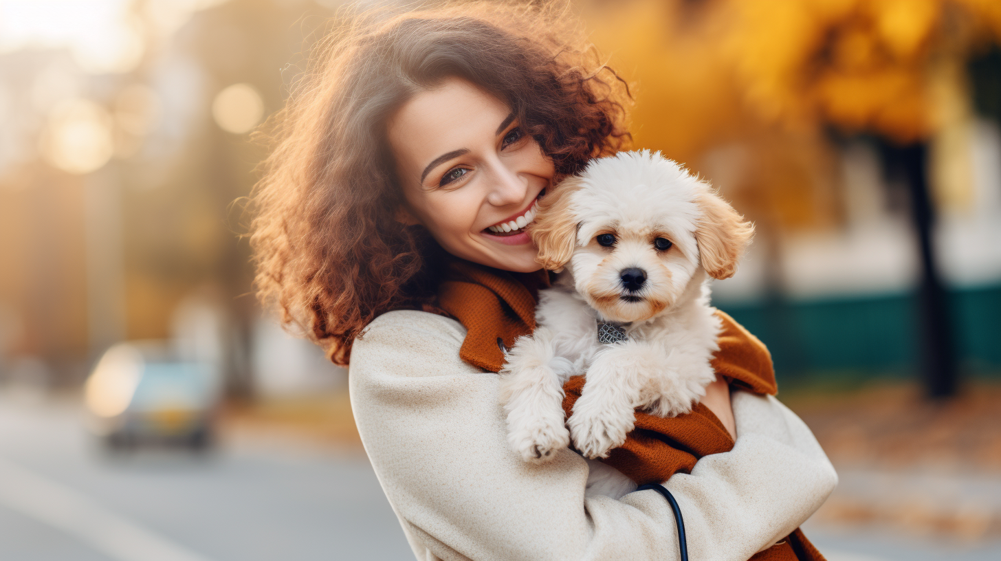 Happy woman with cute poodle puppy outside