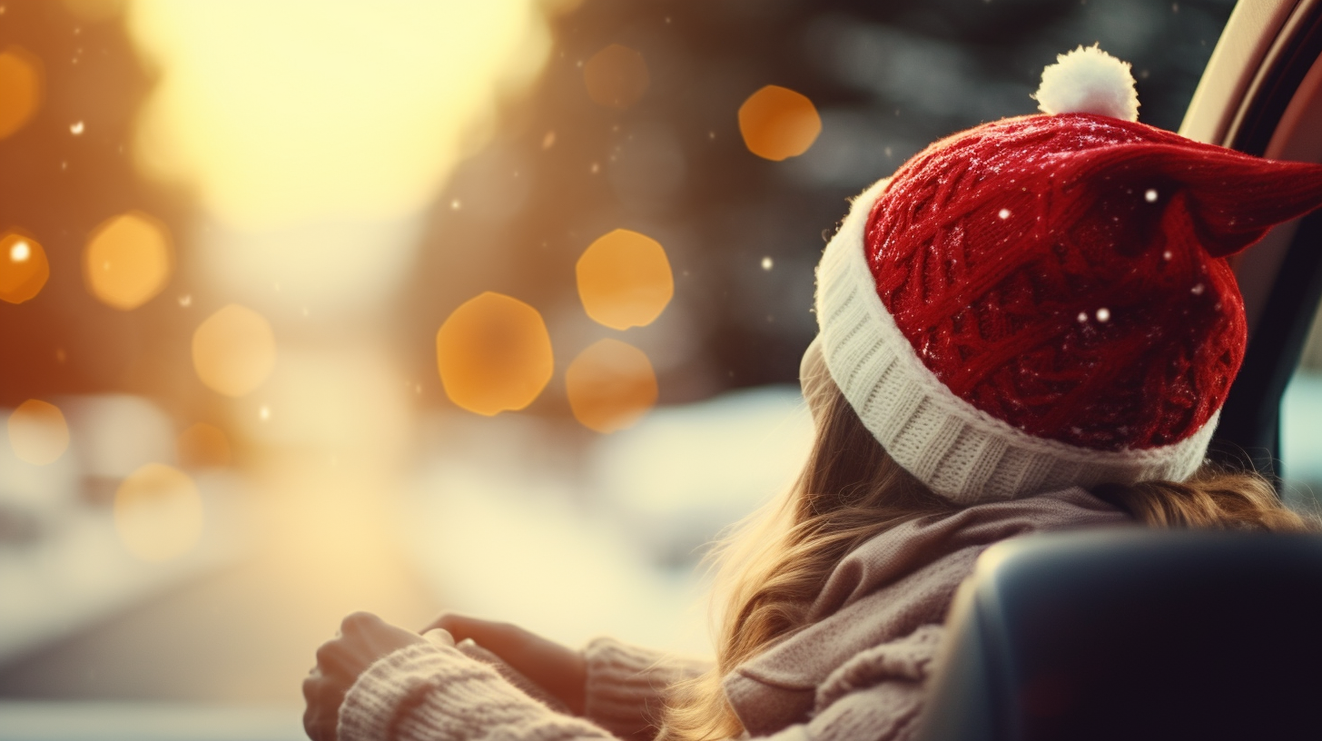 Happy woman driving car in Santa Claus hat