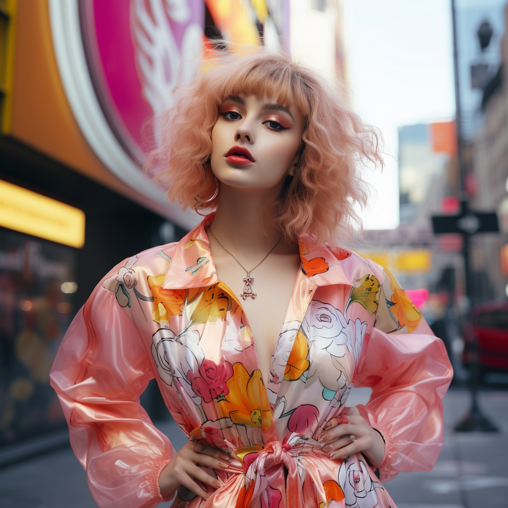 Smiling woman in street wearing pop art outfit