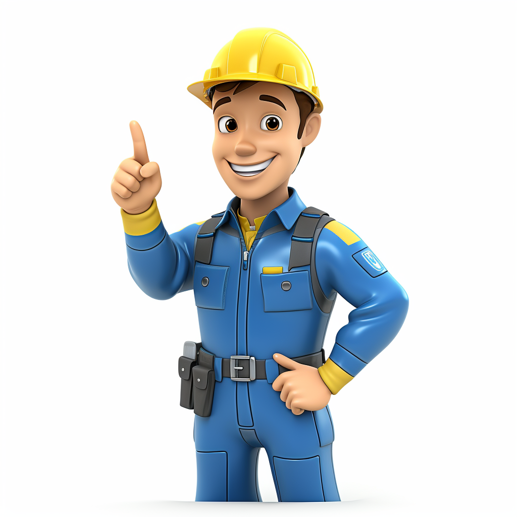 Smiling hardware store worker in blue overalls and yellow helmet