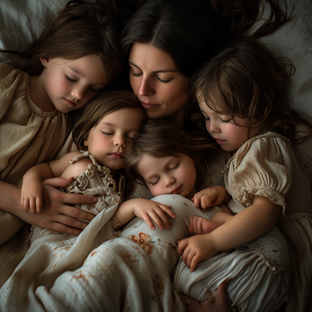 Tired mom with 5 children cuddling up