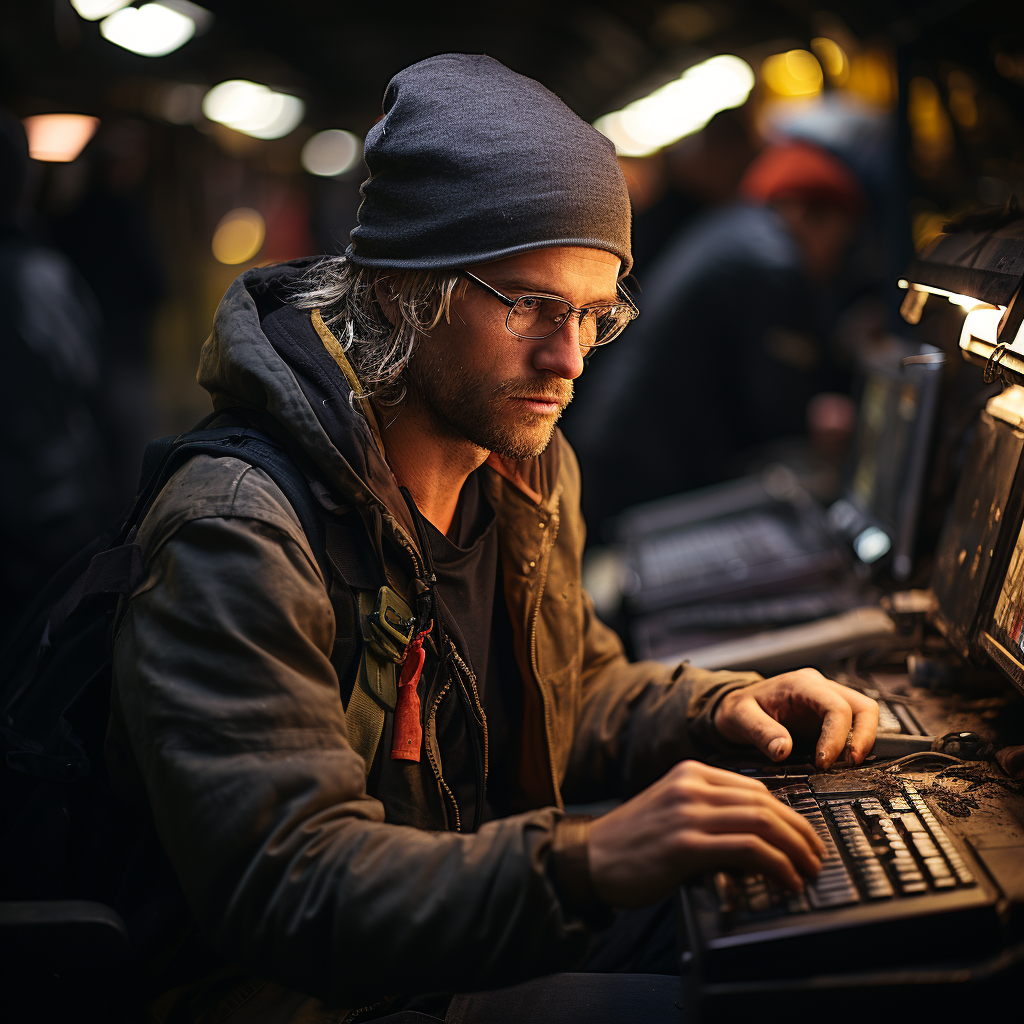 Hardworking man typing in dark industrial mine