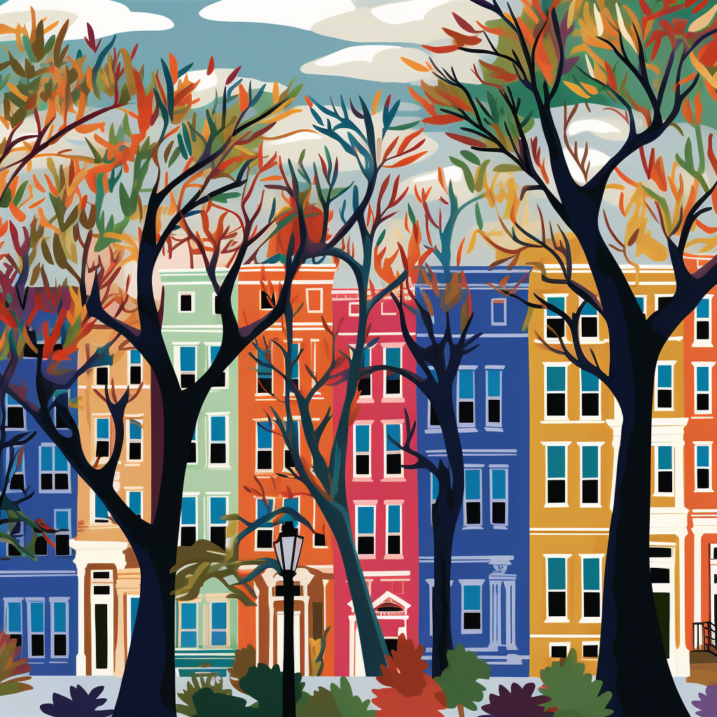 Harlem brownstone NYC trees camouflage repeat pattern