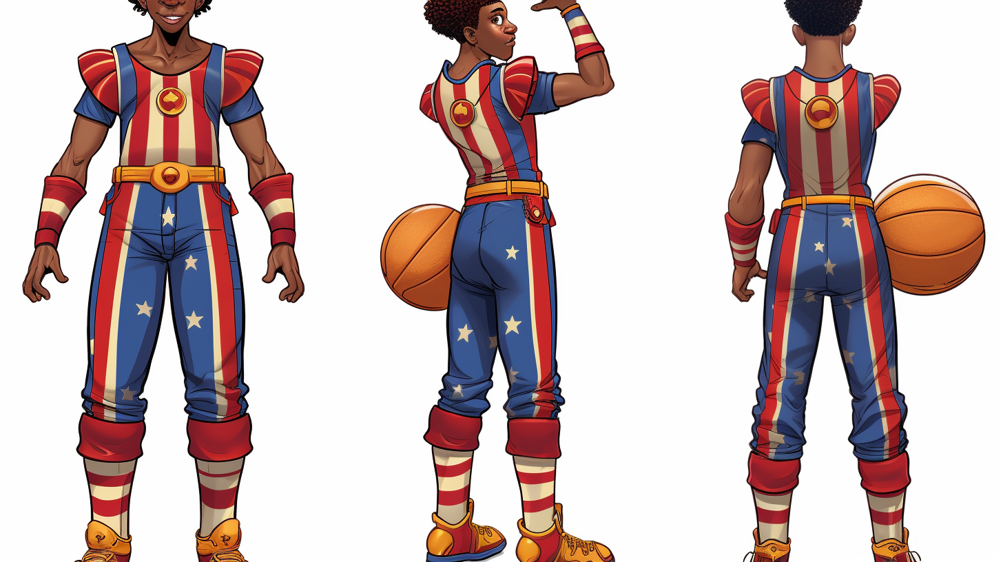 Harlem Globetrotter character sheet with poses and comics