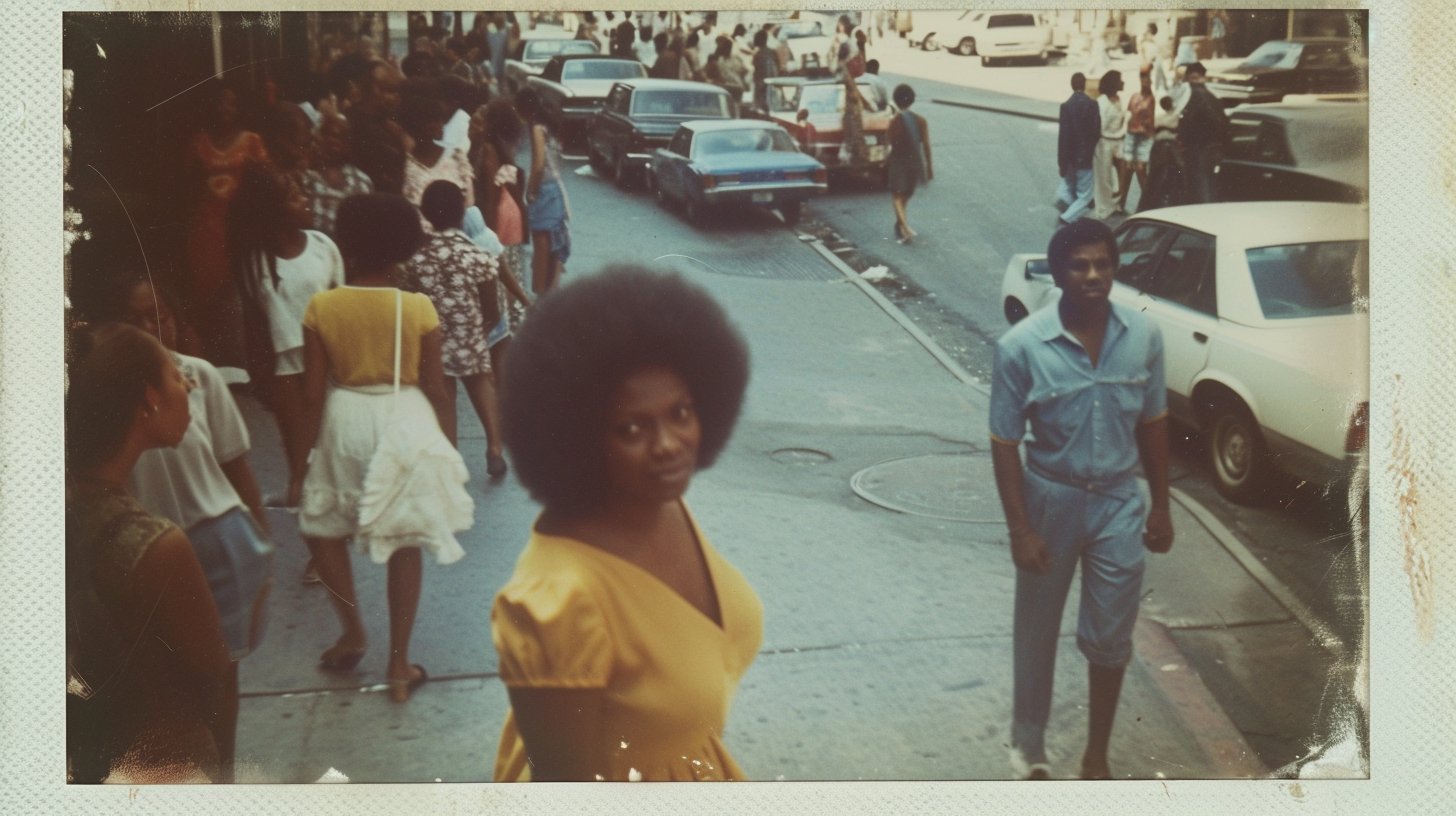 Vintage Harlem street scene with people on the sidewalk