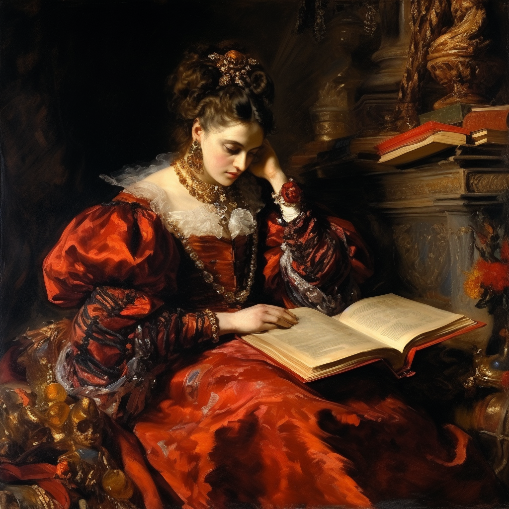 Harlequin woman reading a book