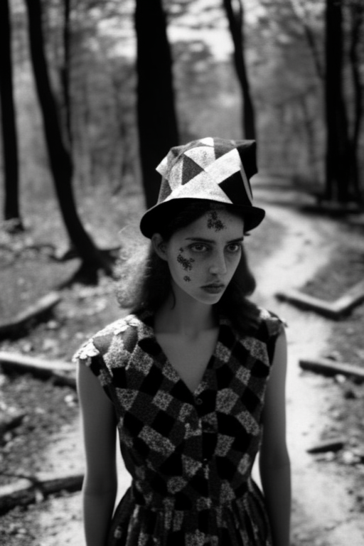 Black and white harlequin fashion photo in the woods