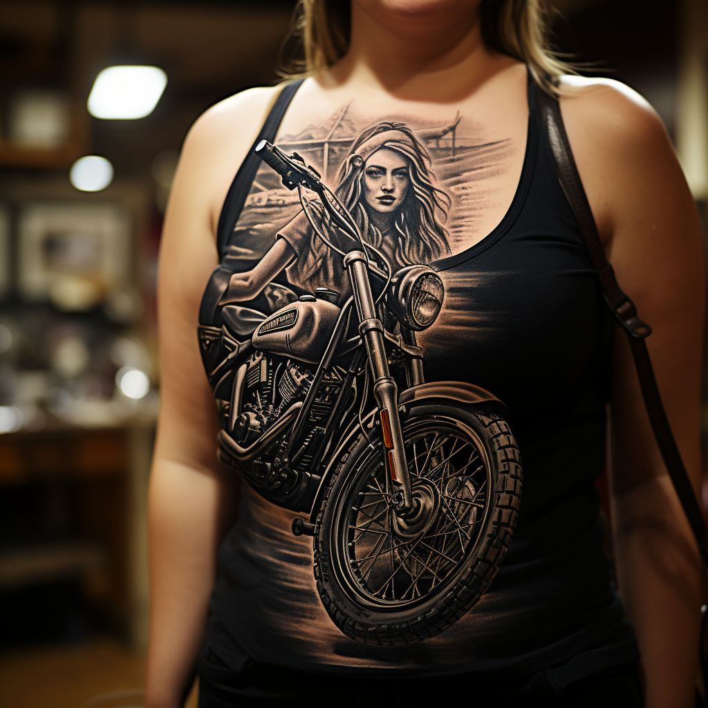 Black and white tattoo of Harley Davidson motorcycle with American flag