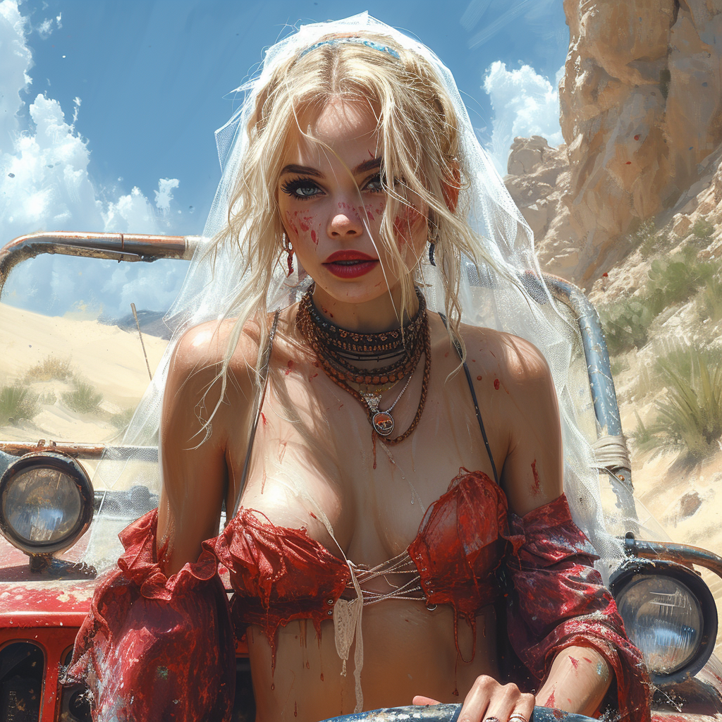 Harley Quinn in Bride Veil Driving Jeep