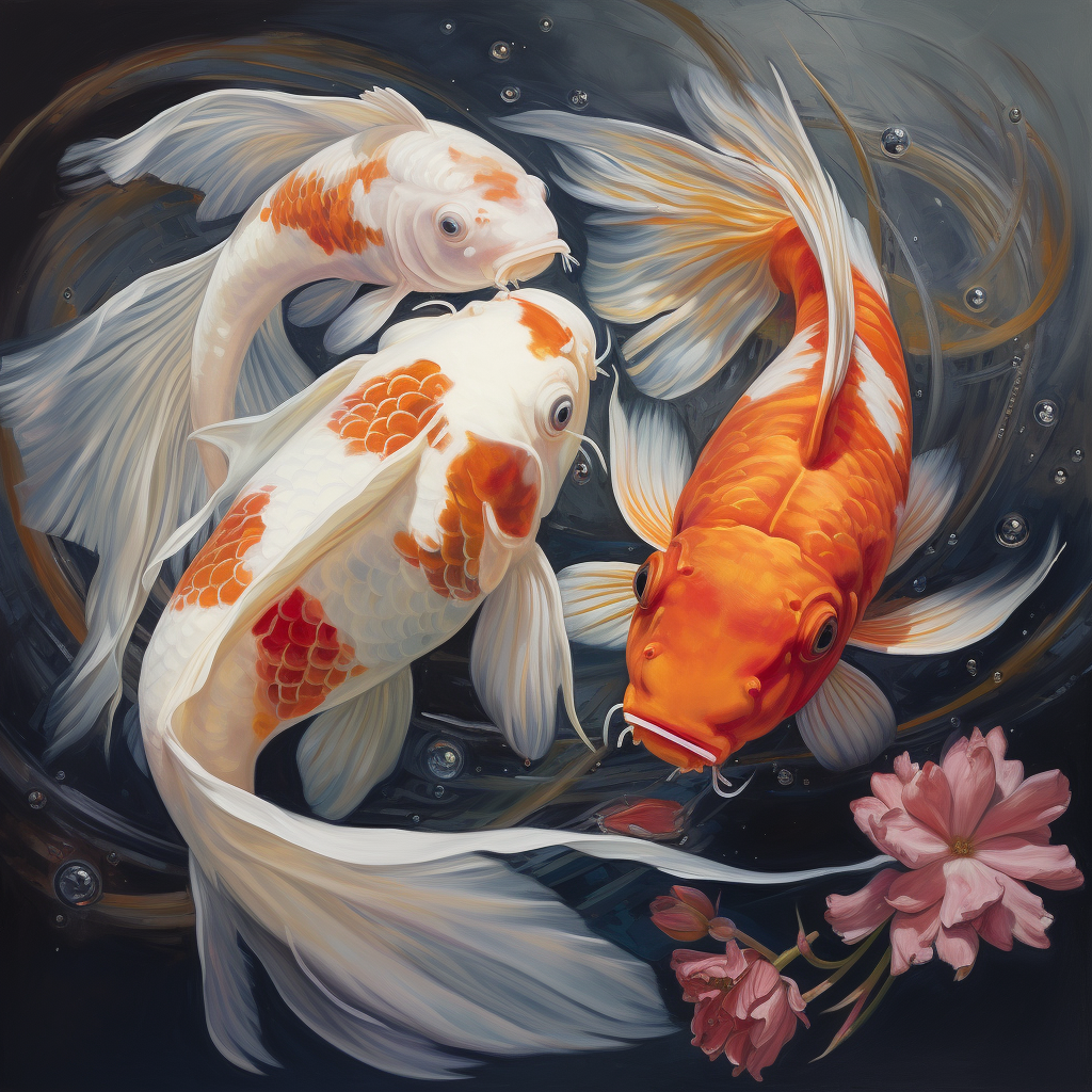 Two white koi fish swimming harmoniously