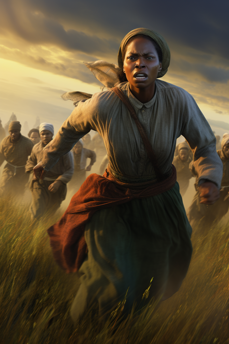 Harriet Tubman running through a field, escaping slavery