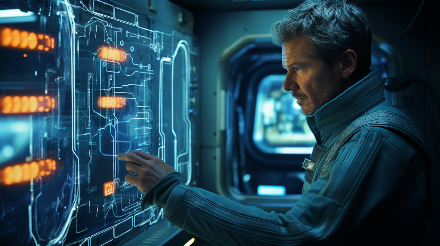 Harrison Ford examining data panel window in sci-fi setting