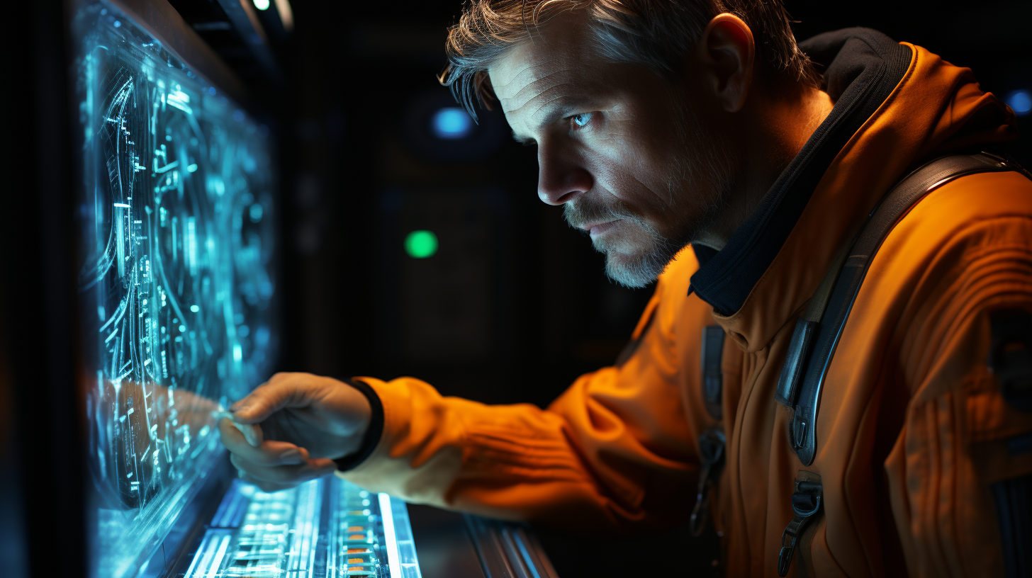 Harrison Ford in grey-blue spacesuit examining data panel