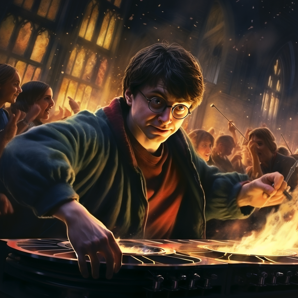 Harry Potter mixing salsa at turntables